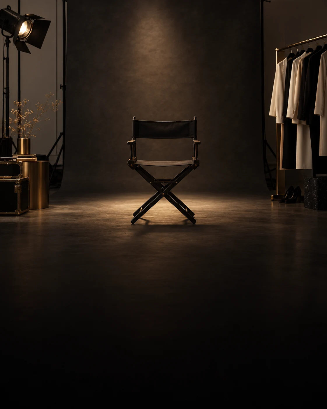 An empty studio set with a director’s chair and spotlight